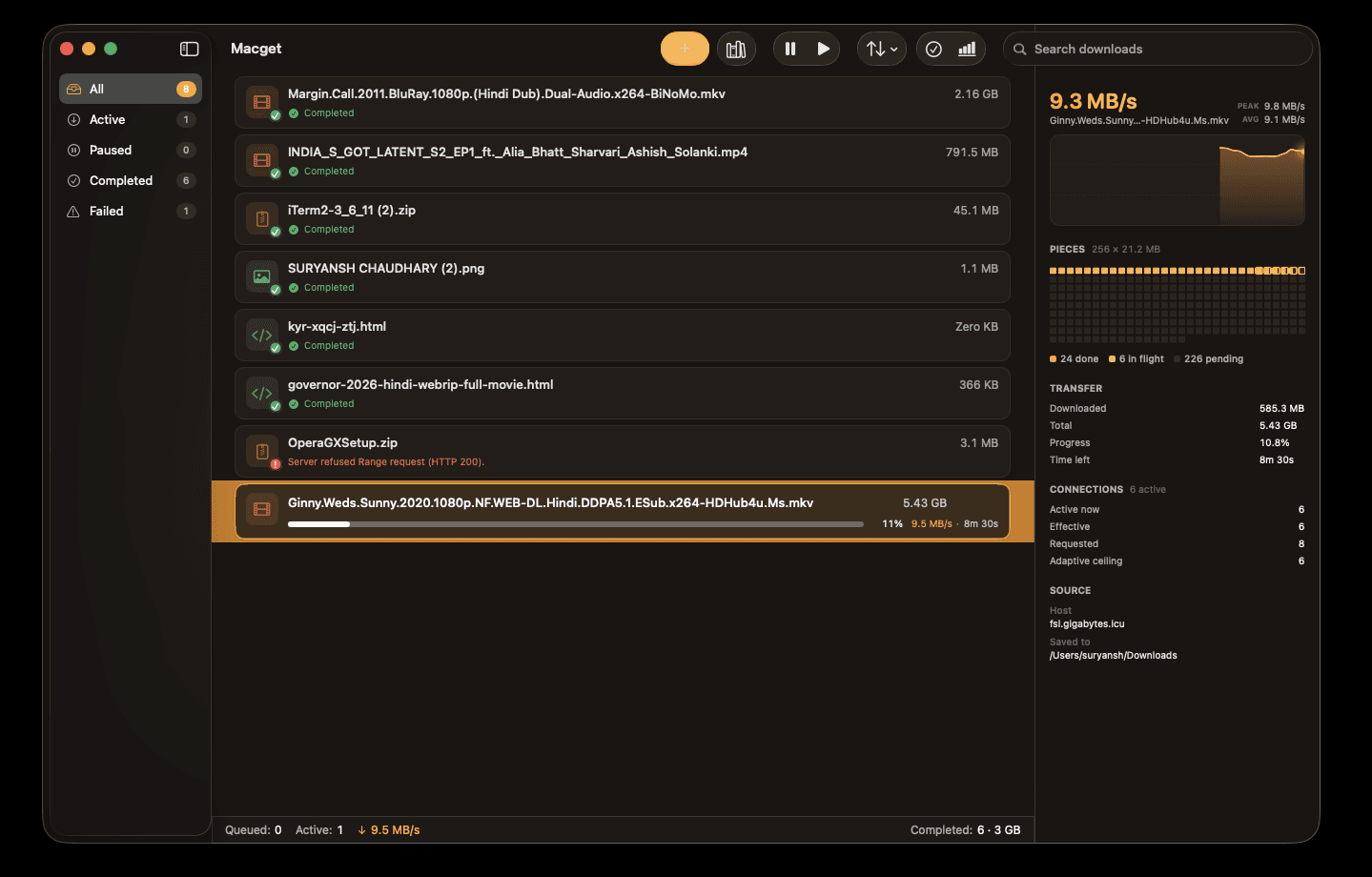 The MacGet window with a download selected and the inspector open, showing a live speed chart, the file's piece map, and the connection breakdown.